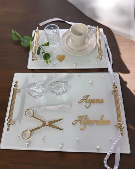 Bonding Gold Beyaz İncili Söz Tepsisi Nişan Tepsisi ve Damat Kahve Fincan Tepsisi  Beyaz