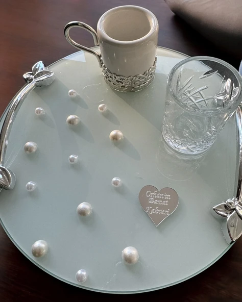 Beloved Gümüş Beyaz İncili Söz Tepsisi Nişan Tepsisi ve Damat Kahve Fincan Tepsisi  krem - 4