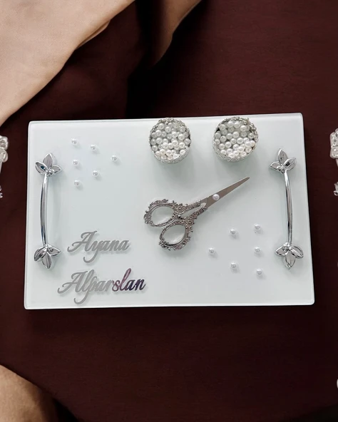 Adore Gümüş Beyaz İncili Söz Tepsisi Nişan Tepsisi ve Damat Kahve Fincan Tepsisi  GRİ - 3