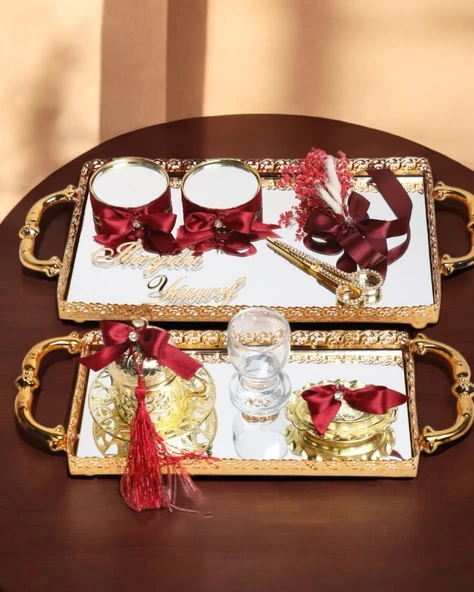 Affection Dantelli Gold Söz Nişan Tepsi Seti  Kırmızı