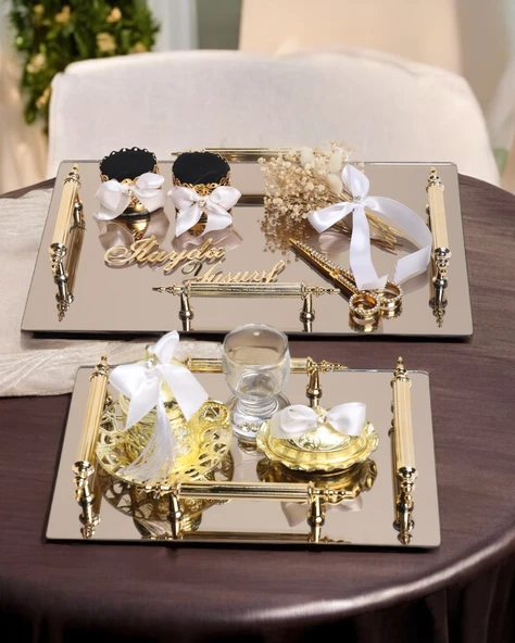 Gold Ayna 4 Kulplu Dikdörtgen Söz Nişan Tepsisi ve Damat Kahve Fincan Tepsisi  Beyaz