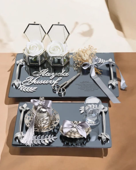 Harmony Gümüş Söz ve Nişan Tepsisi Damat Fincan Kahve Tepsisi  GRİ
