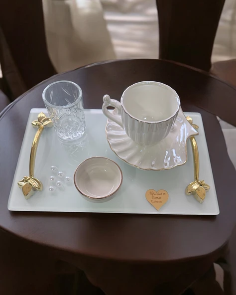 Adore Gold Beyaz İncili Söz Tepsisi Nişan Tepsisi ve Damat Kahve Fincan Tepsisi  BORDO - 2