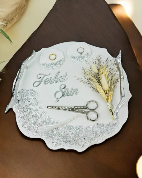 Enchant Gümüş Polyester Söz Tepsisi ve Damat Kahve Fincan Tepsisi   Kırmızı - 3