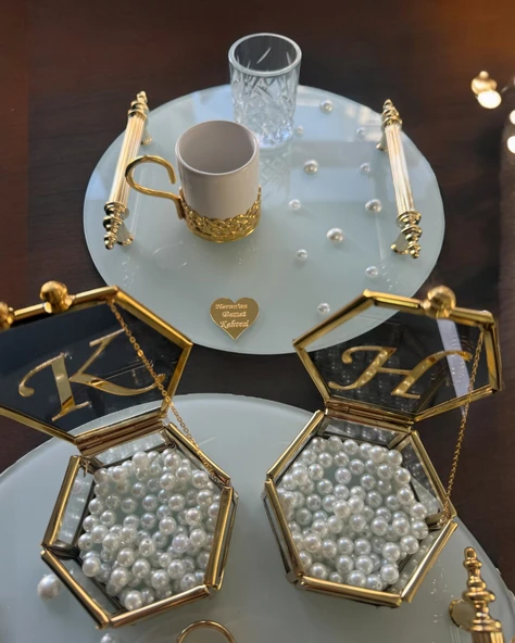 Beloved Gold Beyaz İncili Söz Tepsisi Nişan Tepsisi ve Damat Kahve Fincan Tepsisi  gold - 3