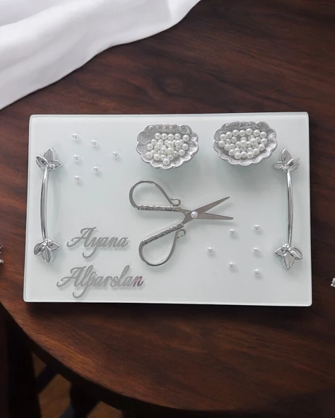 Adore Gümüş Beyaz İncili Söz Tepsisi Nişan Tepsisi ve Damat Kahve Fincan Tepsisi  Mor - 3