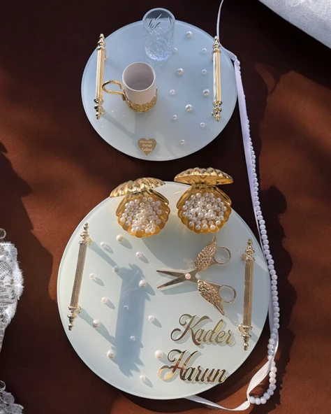 Beloved Gold Beyaz İncili Söz Tepsisi Nişan Tepsisi ve Damat Kahve Fincan Tepsisi  GRİ