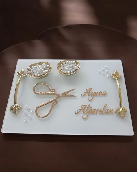 Adore Gold Beyaz İncili Söz Tepsisi Nişan Tepsisi ve Damat Kahve Fincan Tepsisi  Kırmızı - 3