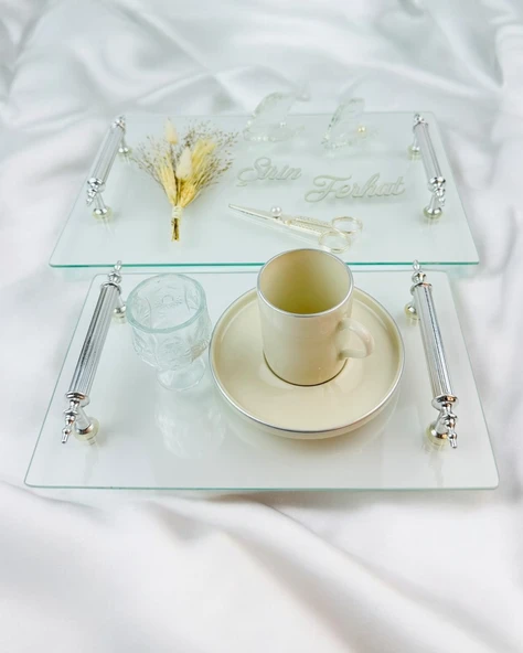 Devotion Şeffaf Söz Tepsisi ve Nişan Tepsi Seti  Beyaz