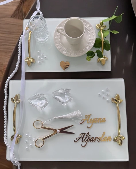 Adore Gold Beyaz İncili Söz Tepsisi Nişan Tepsisi ve Damat Kahve Fincan Tepsisi  Mor