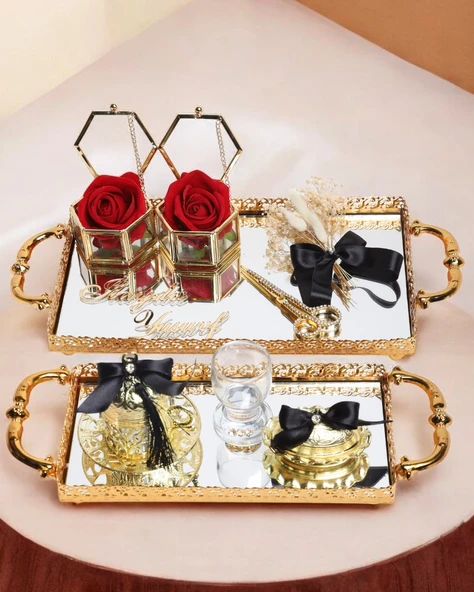 Affection Dantelli Gold Söz Nişan Tepsisi  Siyah