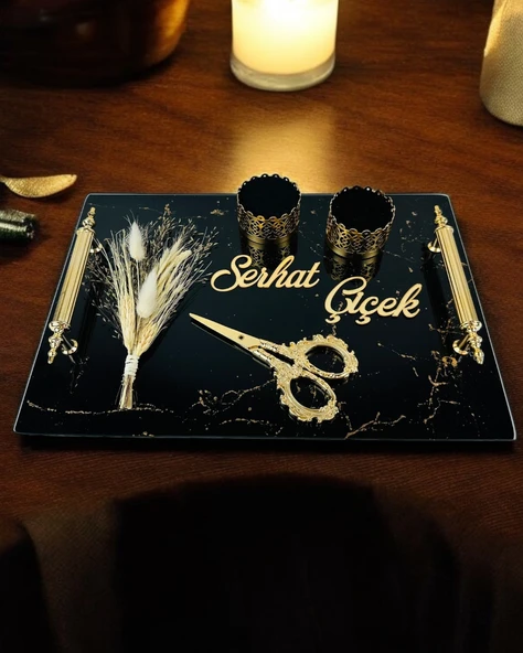 Heartfelt Siyah Desenli Cam Söz Tepsisi Kırmızı - 2