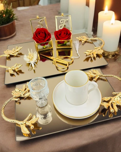 Amour Gold Lüks Swarovski Söz Nişan Tepsisi   BRONZ