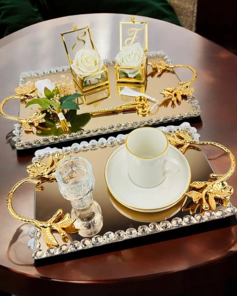 Amour Gold Lüks Swarovski Söz Nişan Tepsisi   lacivert