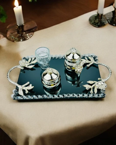 Serenity Gümüş Söz Tepsisi ve Damat Kahve Fincan Tepsisi  BEYAZ-GÜMÜŞ - 3
