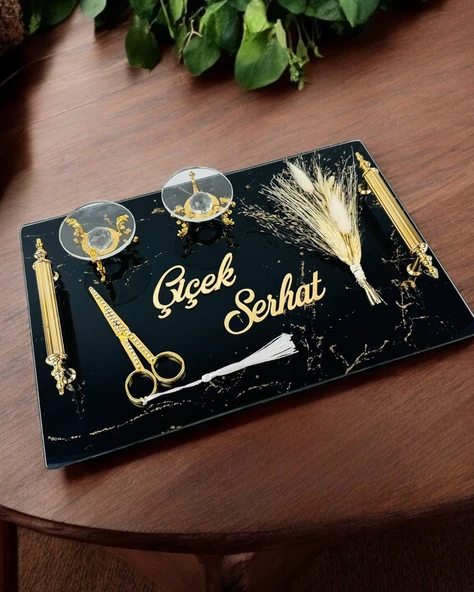 Heartfelt Siyah Desenli Cam Söz Tepsisi krem - 2