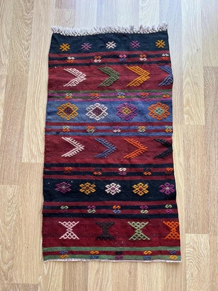 56x98 cm Küçük Tribal Desenli Renkli Vintage Kilim Halı, El Dokuma Geometrik Mini Alan Kilim