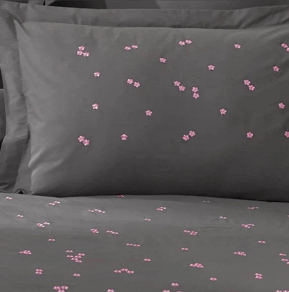 Hobby Çift Kişilik Poplin Premium Nakışlı Nevresim Spring Gri - Resim 3