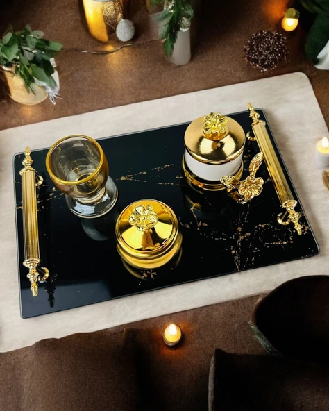 Heartfelt Siyah Desenli Cam Söz Tepsisi  GRİ - 3