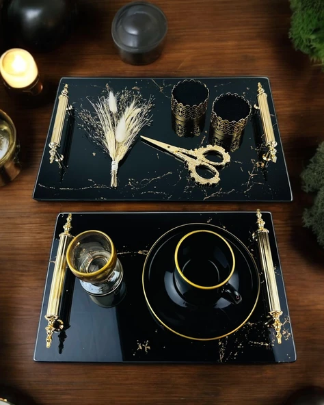 Heartfelt Siyah Desenli Cam Söz Tepsisi Kırmızı