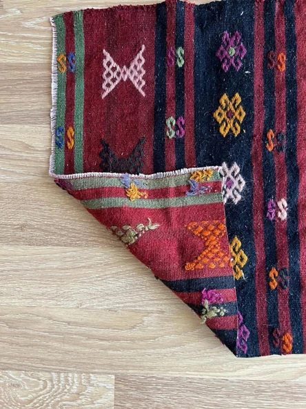 56x98 cm Küçük Tribal Desenli Renkli Vintage Kilim Halı, El Dokuma Geometrik Mini Alan Kilim - 6