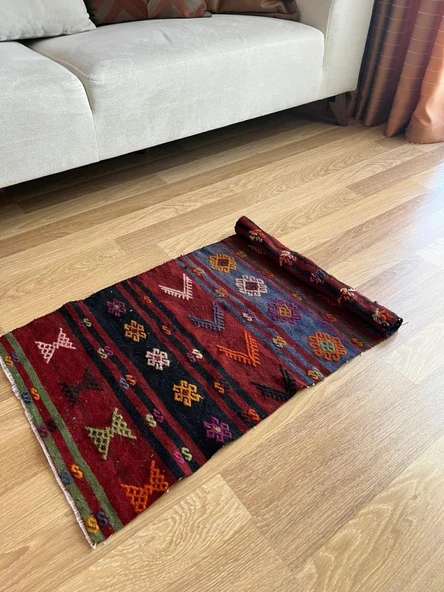 56x98 cm Küçük Tribal Desenli Renkli Vintage Kilim Halı, El Dokuma Geometrik Mini Alan Kilim - 5