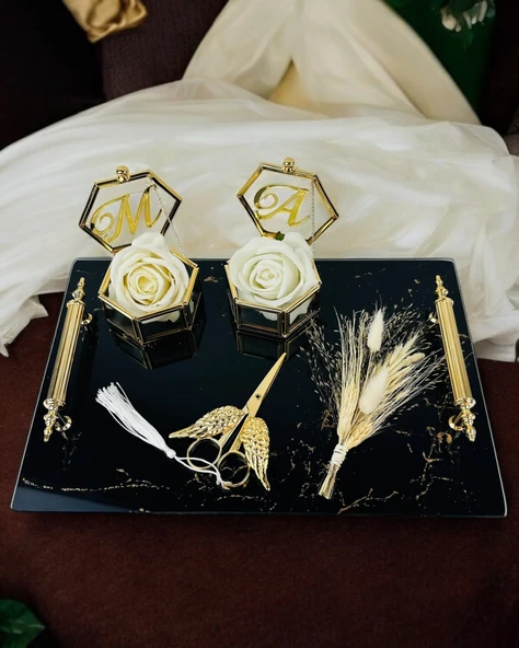 Heartfelt Siyah Desenli Cam Söz Tepsisi Beyaz - 2