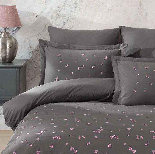 Hobby Çift Kişilik Poplin Premium Nakışlı Nevresim Spring Gri - Resim 2