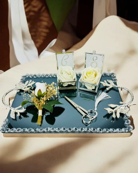 Serenity Gümüş Söz Tepsisi ve Damat Kahve Fincan Tepsisi  krem - 3