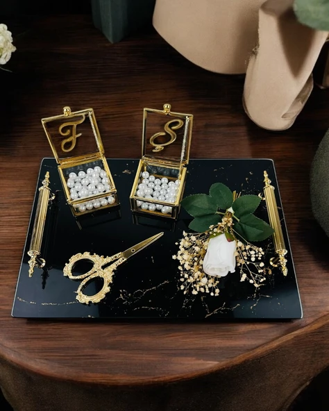 Heartfelt Siyah Desenli Cam Söz Tepsisi GRİ - 2