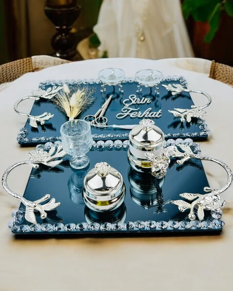 Serenity Gümüş Söz Tepsisi ve Damat Kahve Fincan Tepsisi  BEYAZ-GÜMÜŞ