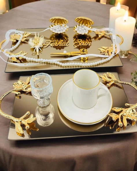 Amour Gold Lüks Swarovski Söz Nişan Tepsisi   Beyaz