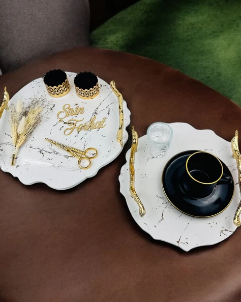 Devotiony Felsefesiyle Gold Polyester Söz ve Nişan Tepsisi   Beyaz