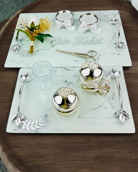 Loyalty Beyaz Desenli Gümüş Nişan Tepsisi BEYAZ-GÜMÜŞ