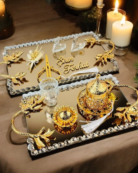 Amour Gold Lüks Swarovski Söz Nişan Tepsisi   gold
