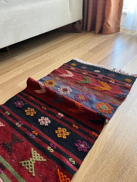 56x98 cm Küçük Tribal Desenli Renkli Vintage Kilim Halı, El Dokuma Geometrik Mini Alan Kilim - 7
