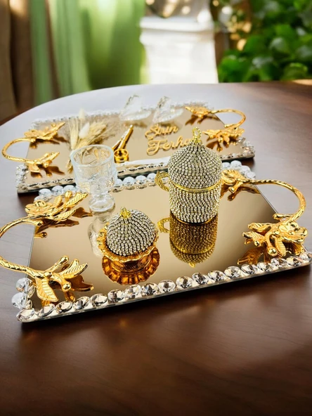 Amour Gold Lüks Swarovski Söz Nişan Tepsisi   Kırmızı