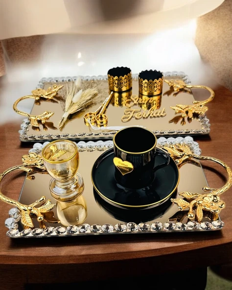 Amour Gold Lüks Swarovski Söz Nişan Tepsisi   krem
