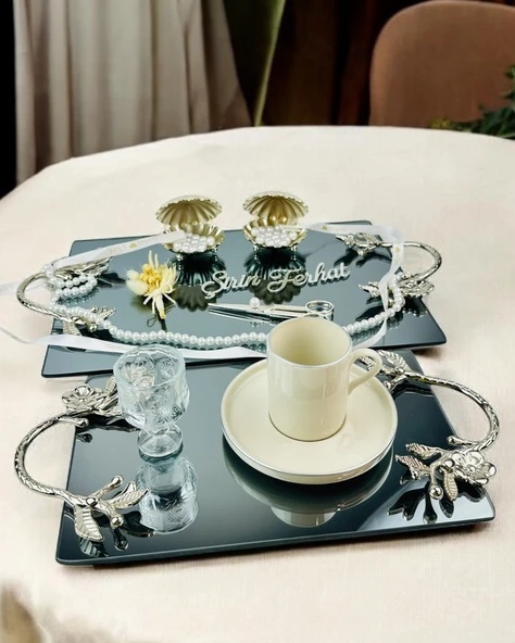 Flame Gümüş Söz Nişan Tepsisi ve Kız İsteme Tepsisi  BEYAZ-GÜMÜŞ