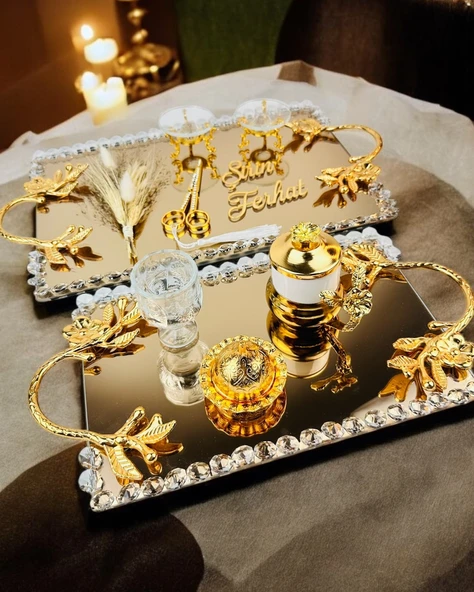 Amour Gold Lüks Swarovski Söz Nişan Tepsisi Siyah