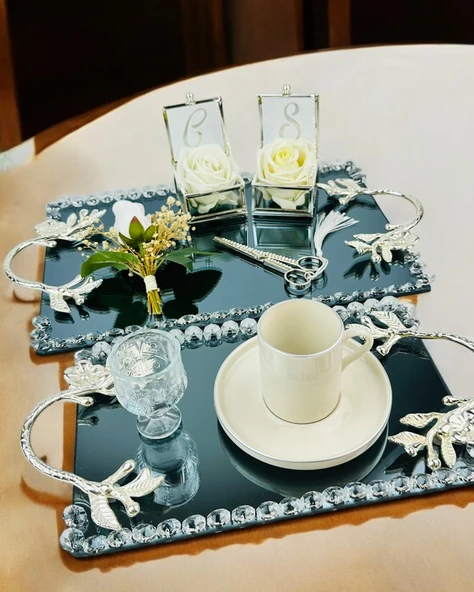 Serenity Gümüş Söz Tepsisi ve Damat Kahve Fincan Tepsisi  krem