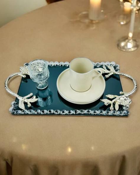 Serenity Gümüş Söz Tepsisi ve Damat Kahve Fincan Tepsisi  krem - 2