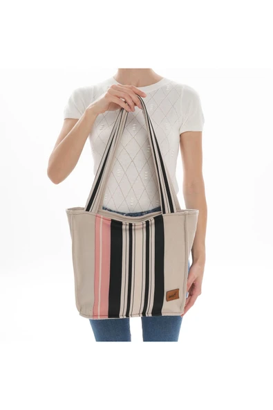 ÇANTA avvaH Özel Tasarım Bej Kaşe Çizgi Desenli Kol Çantası BKKK1033 - 2
