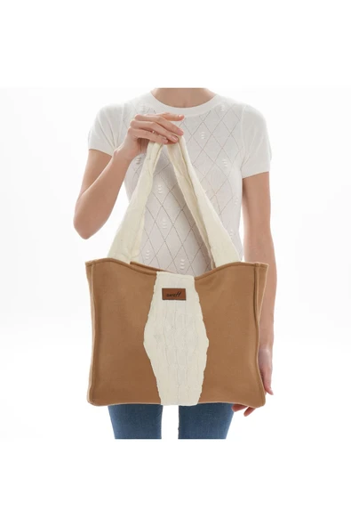 ÇANTA avvaH Özel Tasarım Kamel Kaşe Örgü Detaylı Kol Çantası V