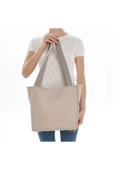 ÇANTA avvaH Özel Tasarım Bej Kaşe Çizgi Desenli Kol Çantası BKKK1033 - 3