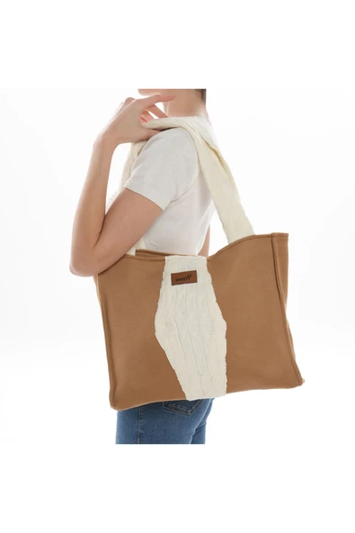 ÇANTA avvaH Özel Tasarım Kamel Kaşe Örgü Detaylı Kol Çantası V - 3