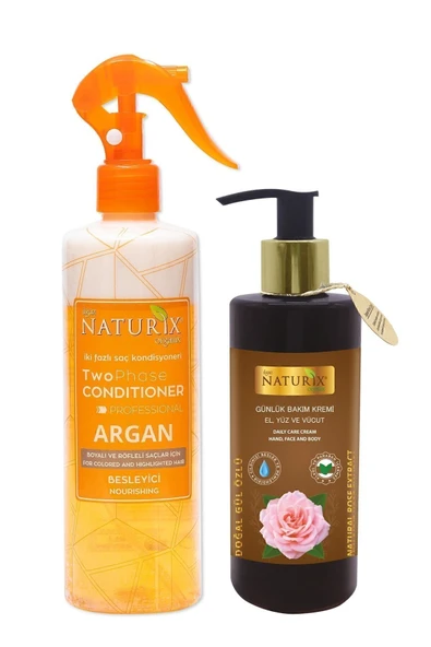 Argan İki Fazlı Fön Suyu 400 Ml & Gül Özlü El, Yüz ve Vücut Kremi 250 Ml - 2'li Bakım Seti