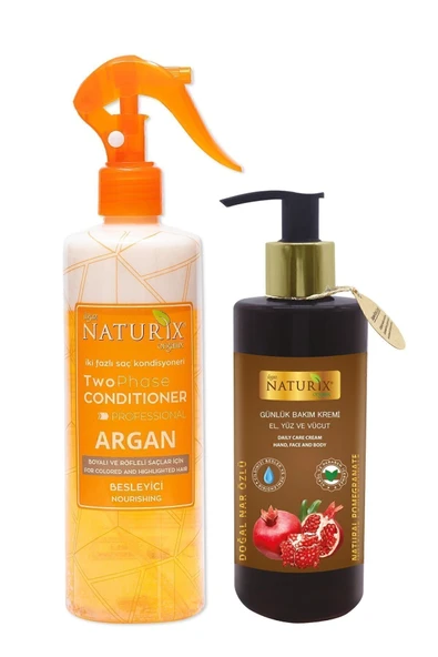 Argan İki Fazlı Fön Suyu 400 Ml & Nar Özlü El, Yüz ve Vücut Kremi 250 Ml - 2'li Bakım Seti