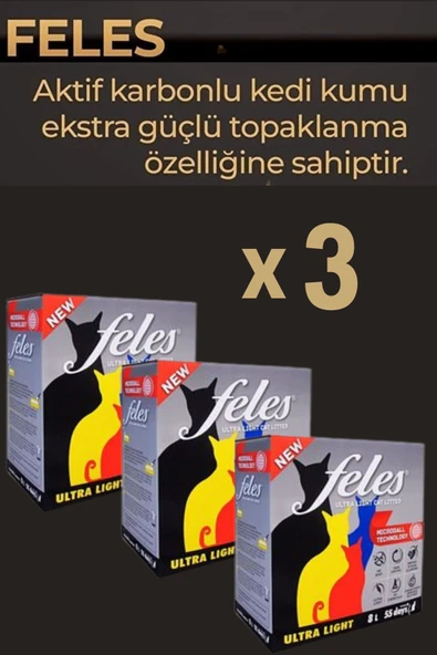 FELES TOZSUZ KEDİ KUMU 8 LT X 3 ADET (DOĞAL, AKTİF KARBONLU)