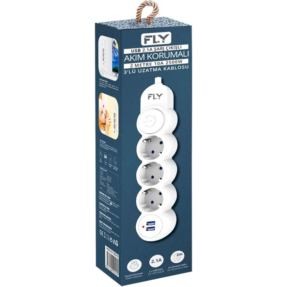 FLY Akım Korumalı Priz 3'lü, 2 Metre, 2 USB 2.1A - 3